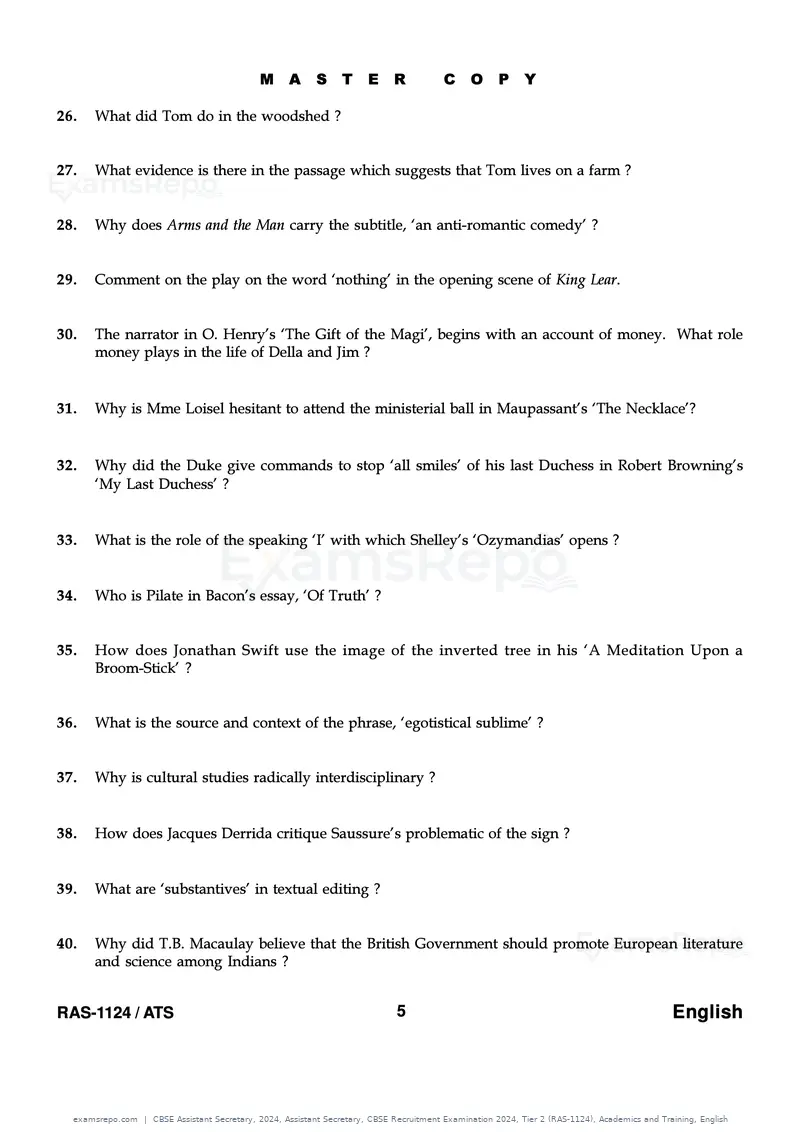 CBSE Assistant Secretary 2024 question paper, Assistant Secretary, CBSE Recruitment Examination 2024, Tier 2 (RAS-1124), Academics and Training, English, page 5 of 7