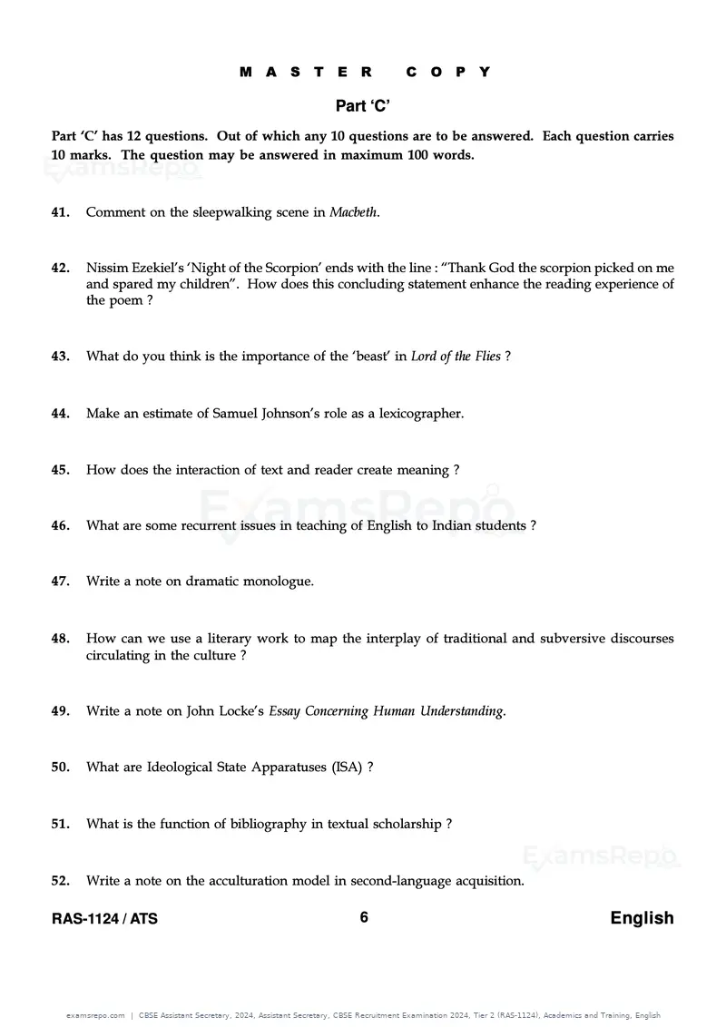 CBSE Assistant Secretary 2024 question paper, Assistant Secretary, CBSE Recruitment Examination 2024, Tier 2 (RAS-1124), Academics and Training, English, page 6 of 7