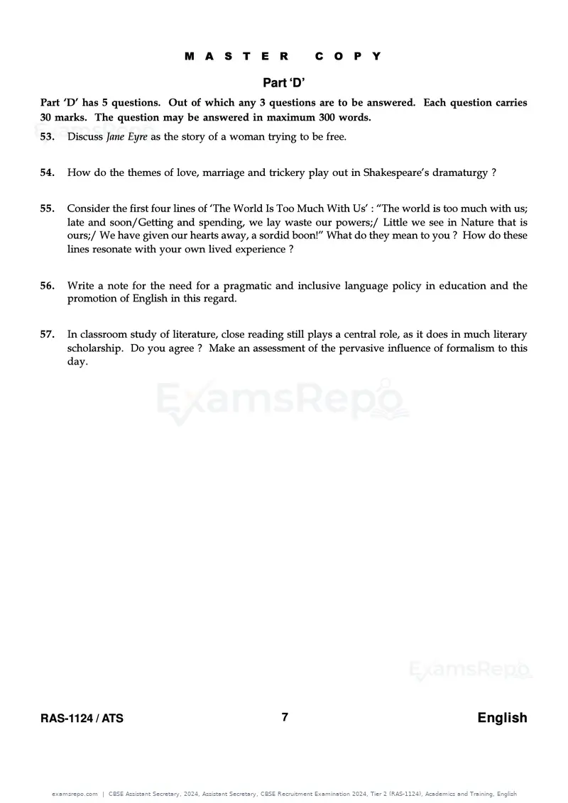 CBSE Assistant Secretary 2024 question paper, Assistant Secretary, CBSE Recruitment Examination 2024, Tier 2 (RAS-1124), Academics and Training, English, page 7 of 7