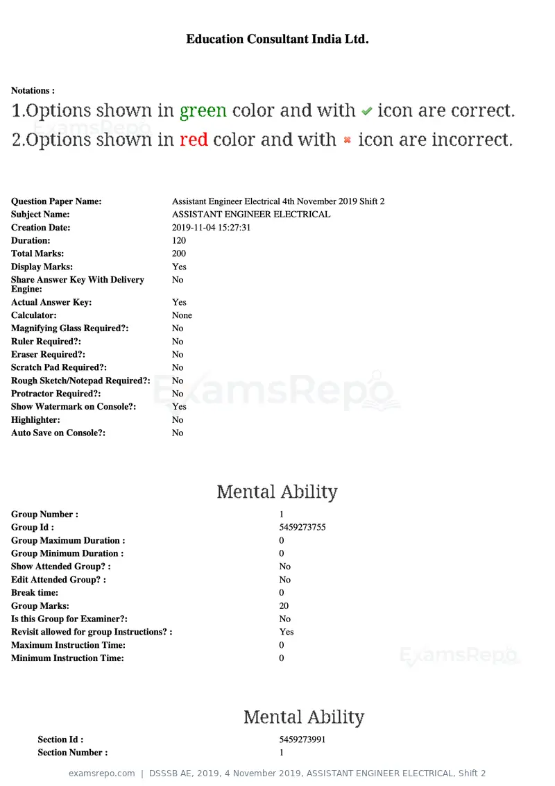 DSSSB AE 2019 question paper, 4 November 2019, ASSISTANT ENGINEER ELECTRICAL, Shift 2, page 1 of 193