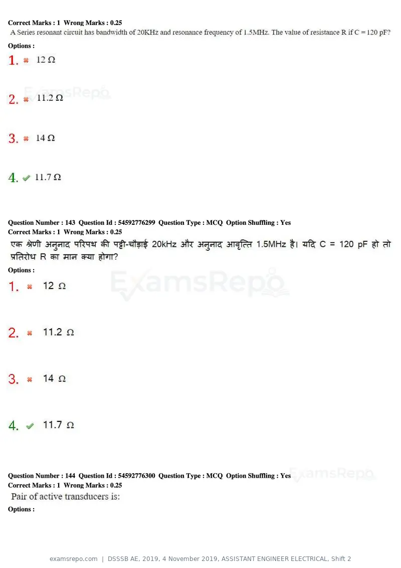 DSSSB AE 2019 question paper, 4 November 2019, ASSISTANT ENGINEER ELECTRICAL, Shift 2, page 134 of 193