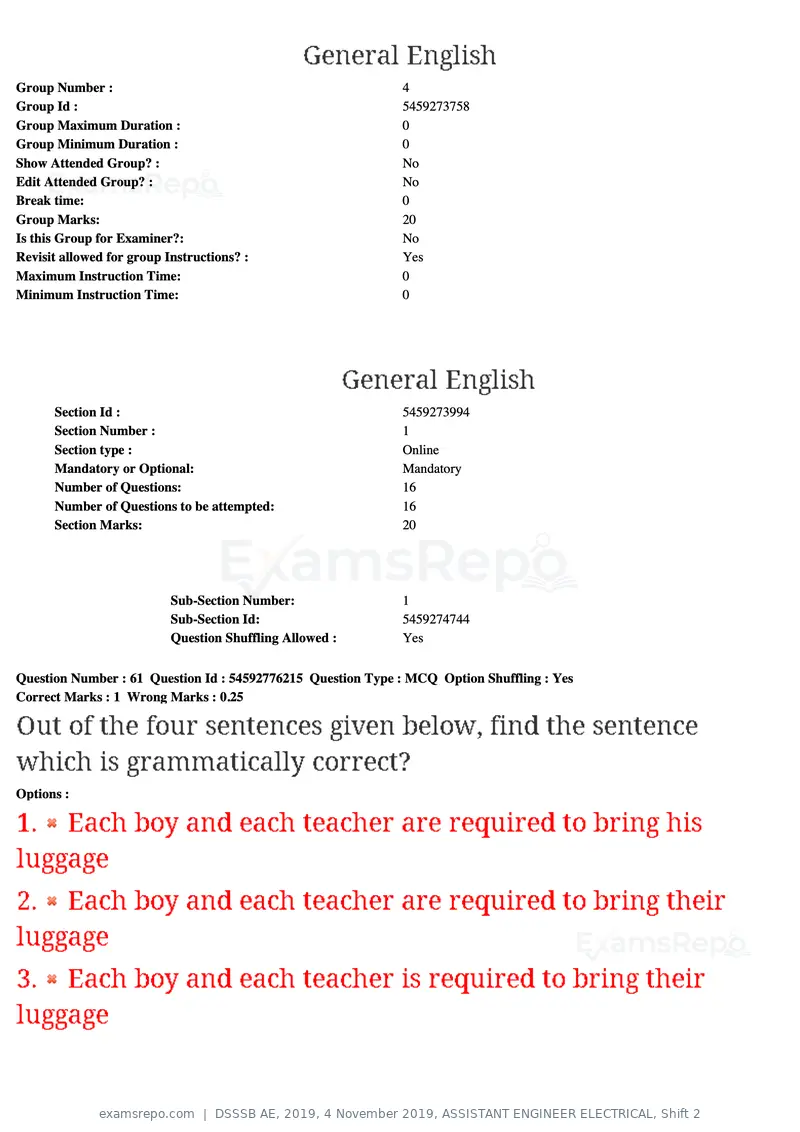 DSSSB AE 2019 question paper, 4 November 2019, ASSISTANT ENGINEER ELECTRICAL, Shift 2, page 56 of 193