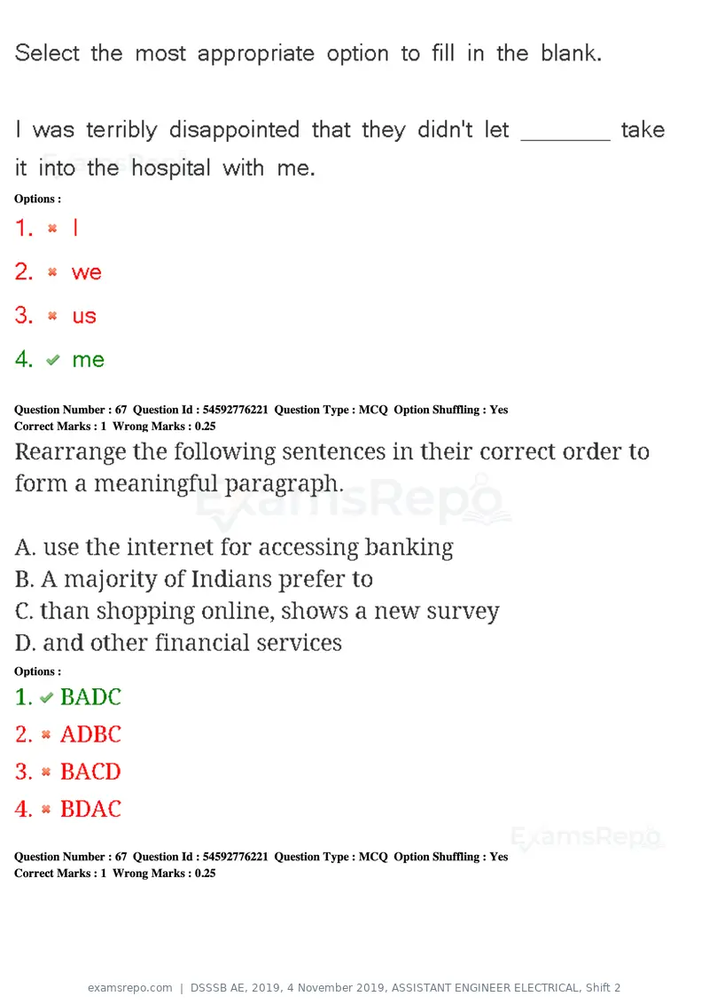 DSSSB AE 2019 question paper, 4 November 2019, ASSISTANT ENGINEER ELECTRICAL, Shift 2, page 62 of 193