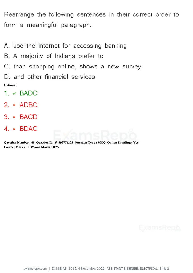 DSSSB AE 2019 question paper, 4 November 2019, ASSISTANT ENGINEER ELECTRICAL, Shift 2, page 63 of 193