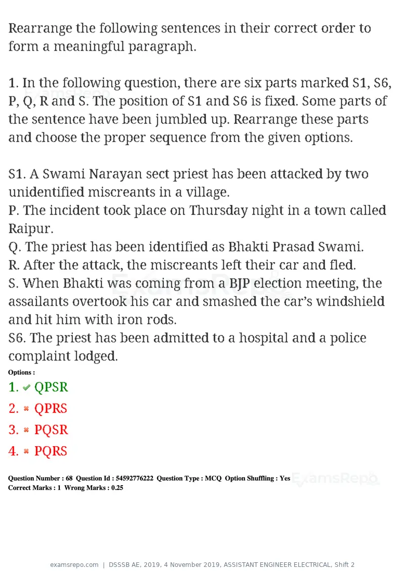 DSSSB AE 2019 question paper, 4 November 2019, ASSISTANT ENGINEER ELECTRICAL, Shift 2, page 64 of 193