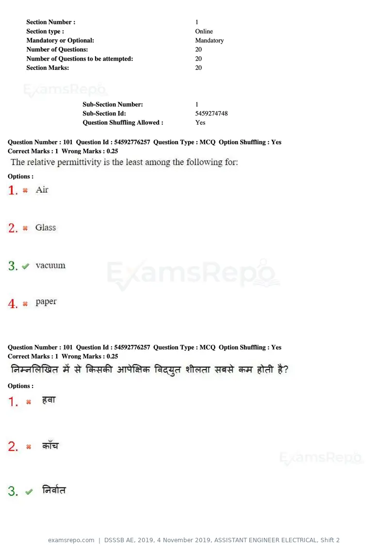 DSSSB AE 2019 question paper, 4 November 2019, ASSISTANT ENGINEER ELECTRICAL, Shift 2, page 93 of 193