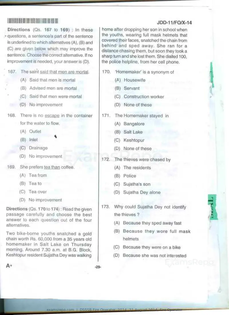DSSSB Fire Operator 2014 question paper, 31 August 2014, Fire Operator, page 16 of 18