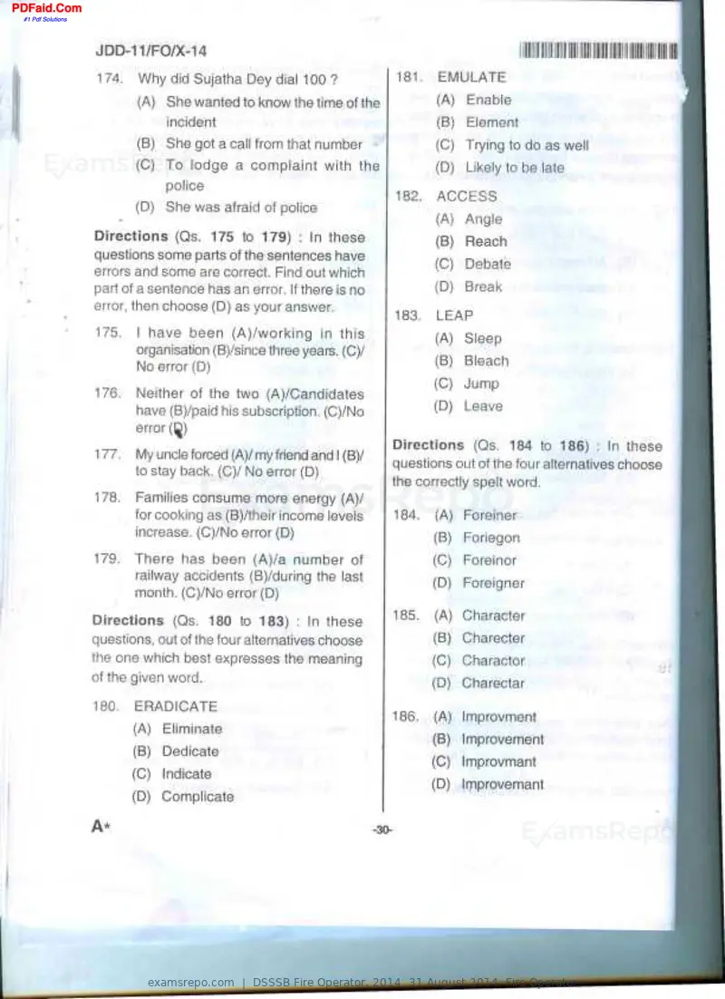 DSSSB Fire Operator 2014 question paper, 31 August 2014, Fire Operator, page 17 of 18