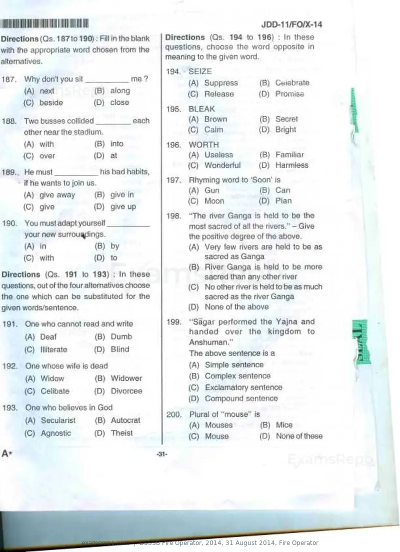 DSSSB Fire Operator 2014 question paper, 31 August 2014, Fire Operator, page 18 of 18