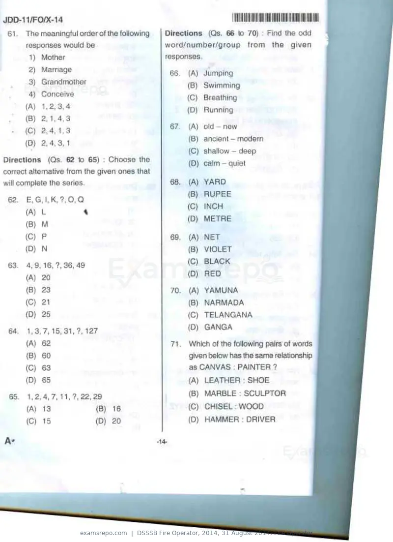 DSSSB Fire Operator 2014 question paper, 31 August 2014, Fire Operator, page 7 of 18