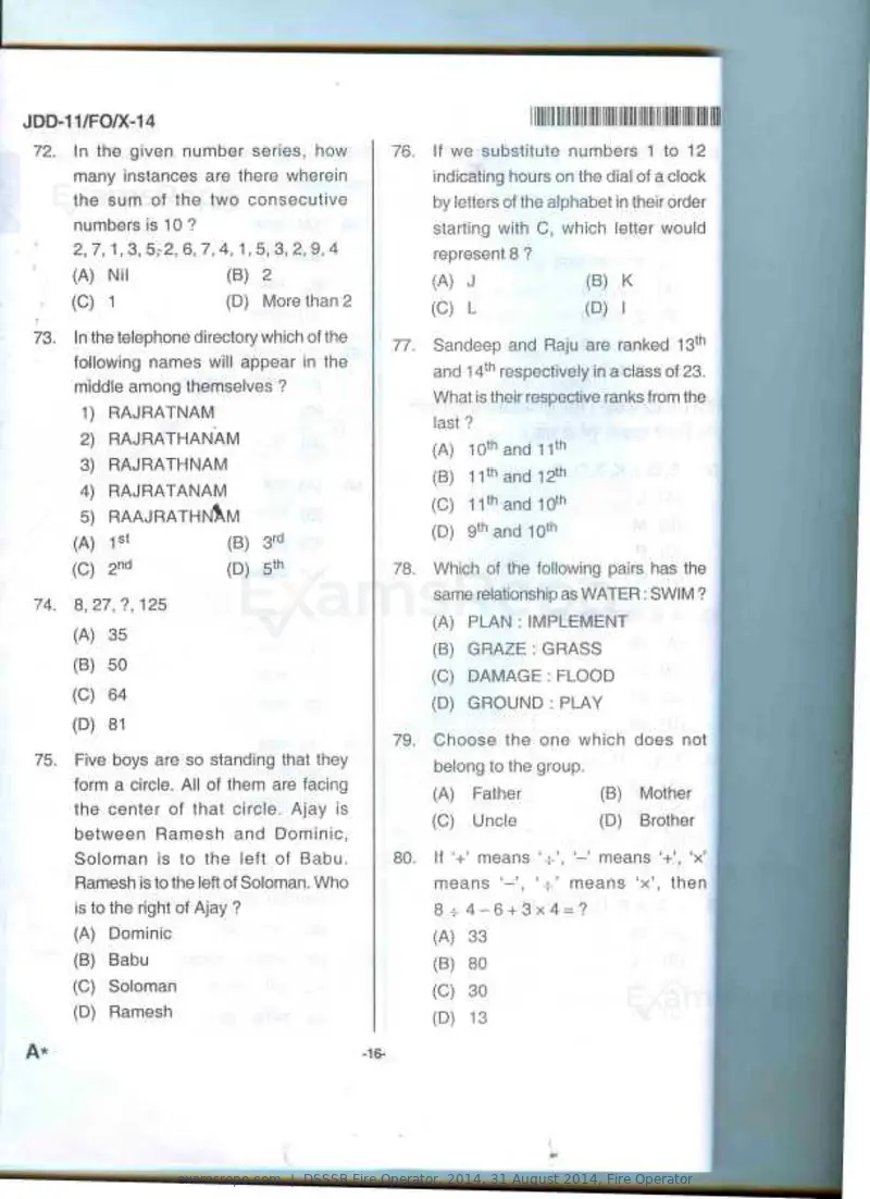 DSSSB Fire Operator 2014 question paper, 31 August 2014, Fire Operator, page 8 of 18