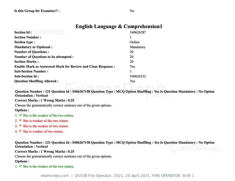 DSSSB Fire Operator 2021 question paper, 20 April 2021, FIRE OPERATOR, Shift 1, page 110 of 170