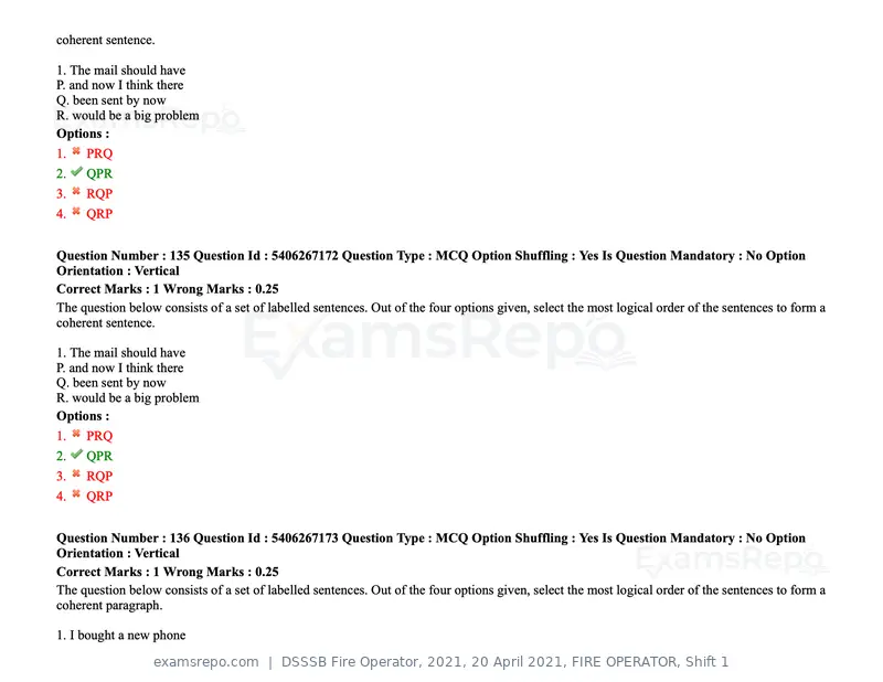 DSSSB Fire Operator 2021 question paper, 20 April 2021, FIRE OPERATOR, Shift 1, page 121 of 170