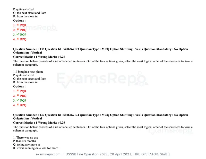 DSSSB Fire Operator 2021 question paper, 20 April 2021, FIRE OPERATOR, Shift 1, page 122 of 170