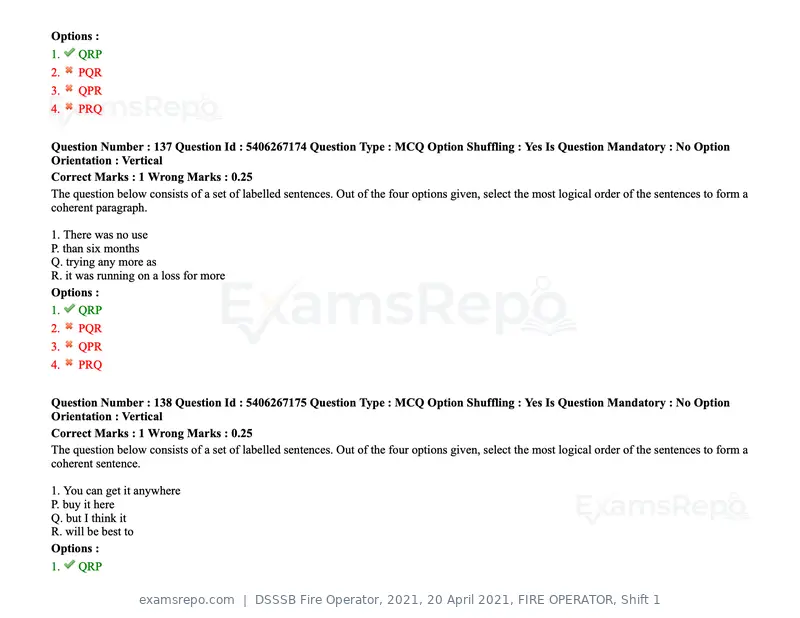 DSSSB Fire Operator 2021 question paper, 20 April 2021, FIRE OPERATOR, Shift 1, page 123 of 170