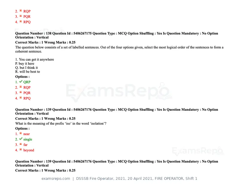 DSSSB Fire Operator 2021 question paper, 20 April 2021, FIRE OPERATOR, Shift 1, page 124 of 170