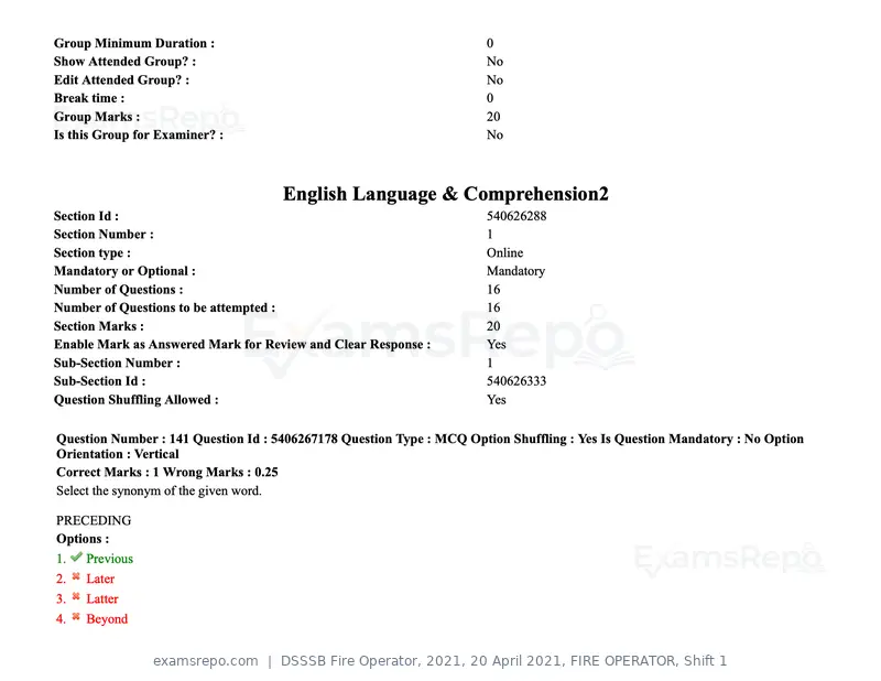 DSSSB Fire Operator 2021 question paper, 20 April 2021, FIRE OPERATOR, Shift 1, page 126 of 170