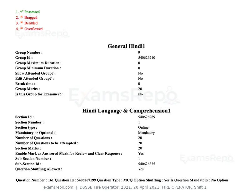 DSSSB Fire Operator 2021 question paper, 20 April 2021, FIRE OPERATOR, Shift 1, page 141 of 170