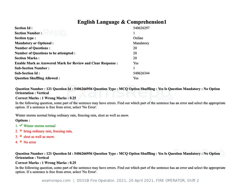 DSSSB Fire Operator 2021 question paper, 20 April 2021, FIRE OPERATOR, Shift 2, page 111 of 172