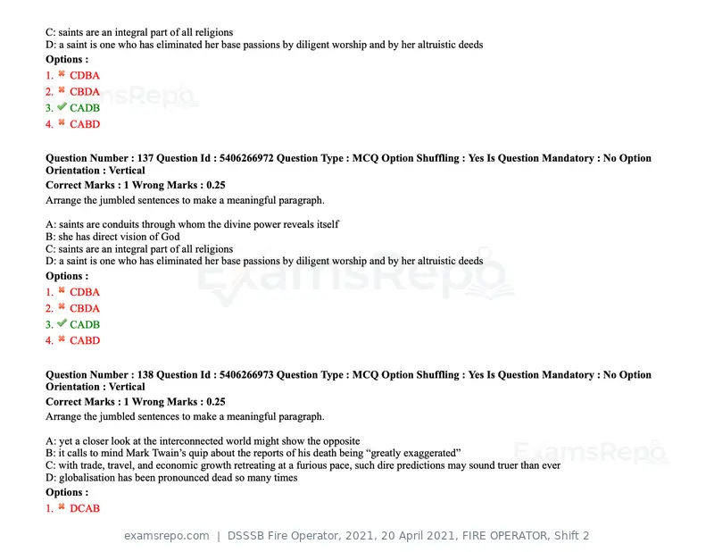 DSSSB Fire Operator 2021 question paper, 20 April 2021, FIRE OPERATOR, Shift 2, page 124 of 172