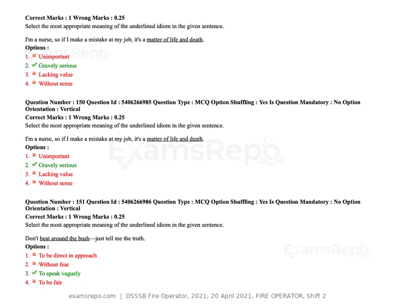 DSSSB Fire Operator 2021 question paper, 20 April 2021, FIRE OPERATOR, Shift 2, page 134 of 172