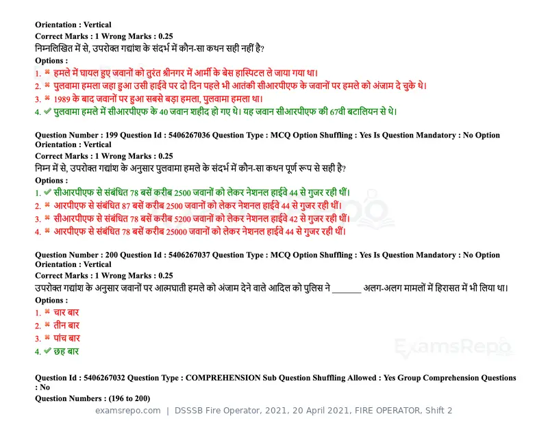DSSSB Fire Operator 2021 question paper, 20 April 2021, FIRE OPERATOR, Shift 2, page 169 of 172