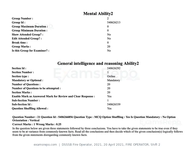 DSSSB Fire Operator 2021 question paper, 20 April 2021, FIRE OPERATOR, Shift 2, page 17 of 172