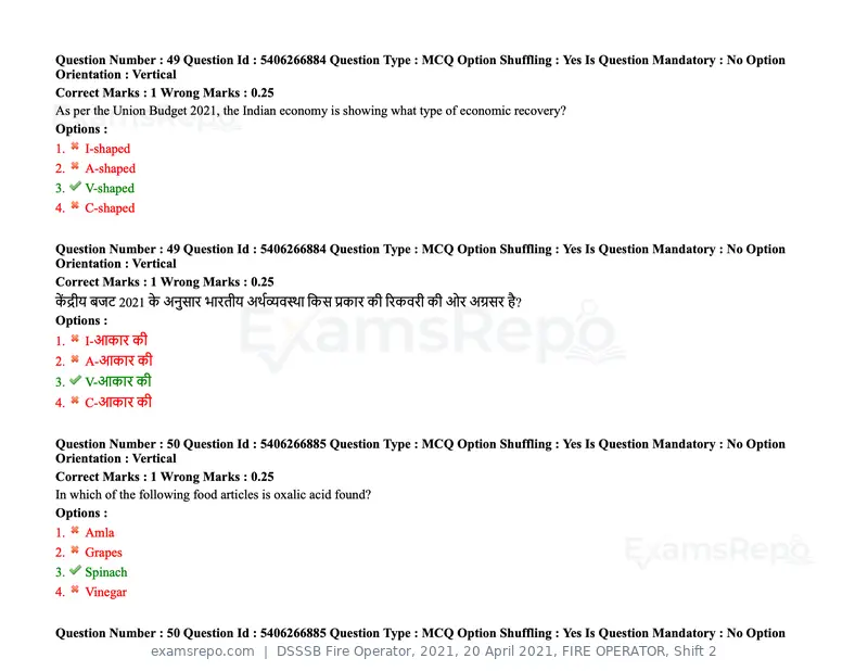 DSSSB Fire Operator 2021 question paper, 20 April 2021, FIRE OPERATOR, Shift 2, page 50 of 172