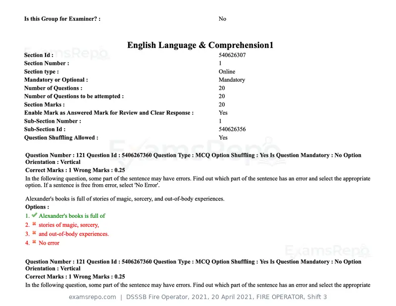DSSSB Fire Operator 2021 question paper, 20 April 2021, FIRE OPERATOR, Shift 3, page 112 of 173