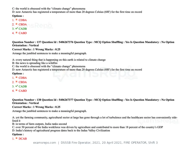 DSSSB Fire Operator 2021 question paper, 20 April 2021, FIRE OPERATOR, Shift 3, page 125 of 173