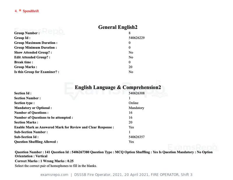 DSSSB Fire Operator 2021 question paper, 20 April 2021, FIRE OPERATOR, Shift 3, page 128 of 173