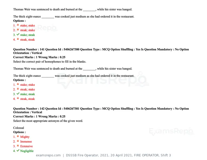 DSSSB Fire Operator 2021 question paper, 20 April 2021, FIRE OPERATOR, Shift 3, page 129 of 173