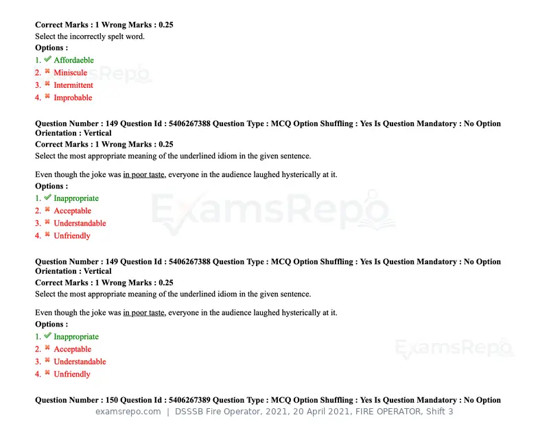 DSSSB Fire Operator 2021 question paper, 20 April 2021, FIRE OPERATOR, Shift 3, page 134 of 173