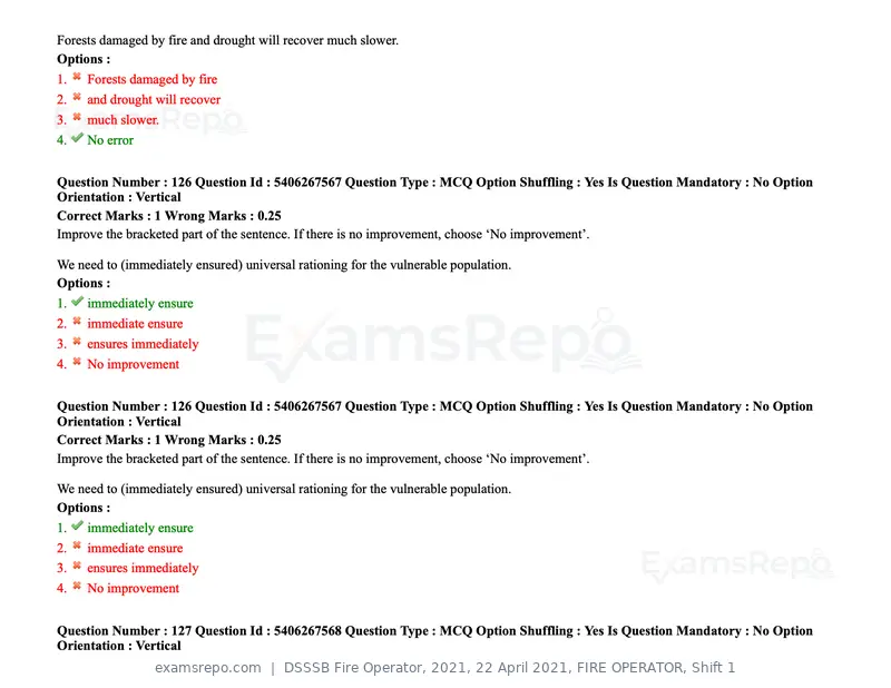 DSSSB Fire Operator 2021 question paper, 22 April 2021, FIRE OPERATOR, Shift 1, page 123 of 182