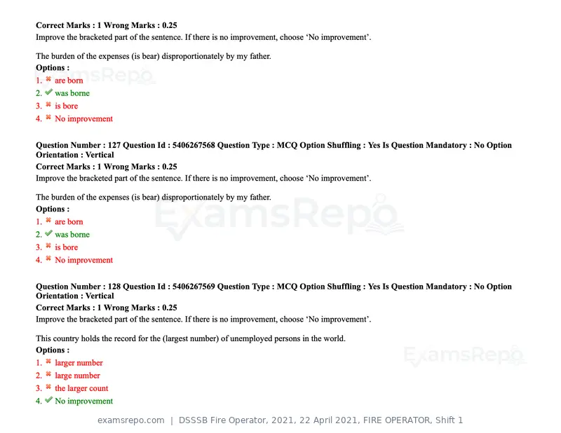 DSSSB Fire Operator 2021 question paper, 22 April 2021, FIRE OPERATOR, Shift 1, page 124 of 182