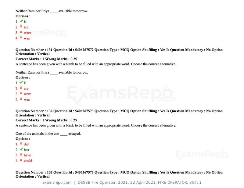 DSSSB Fire Operator 2021 question paper, 22 April 2021, FIRE OPERATOR, Shift 1, page 127 of 182