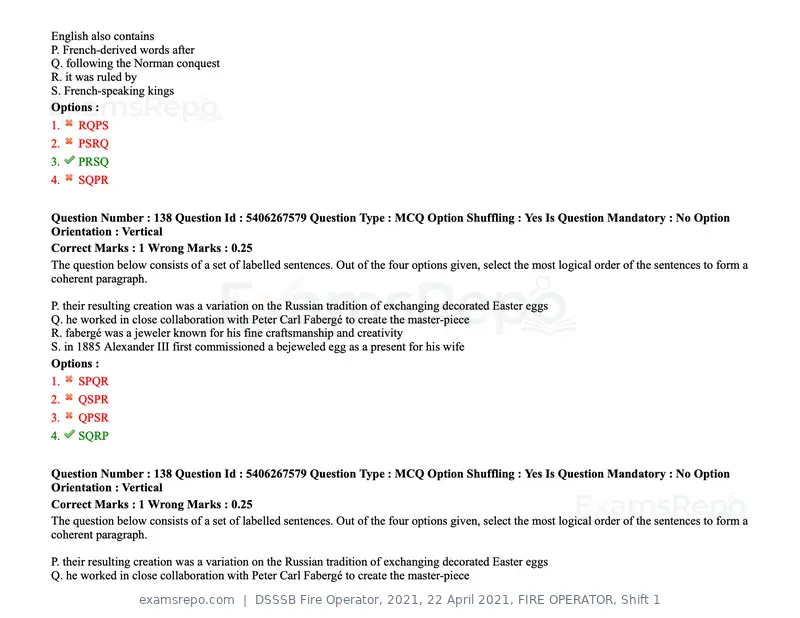 DSSSB Fire Operator 2021 question paper, 22 April 2021, FIRE OPERATOR, Shift 1, page 132 of 182