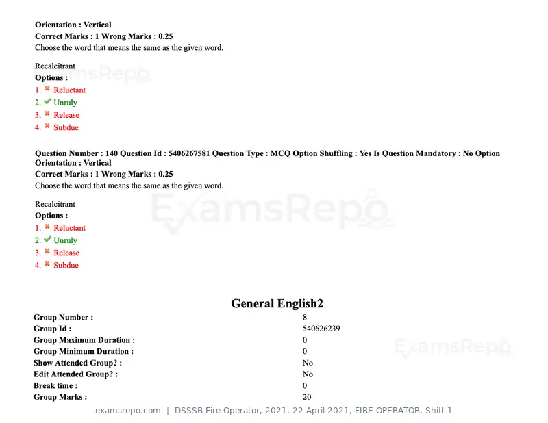 DSSSB Fire Operator 2021 question paper, 22 April 2021, FIRE OPERATOR, Shift 1, page 134 of 182