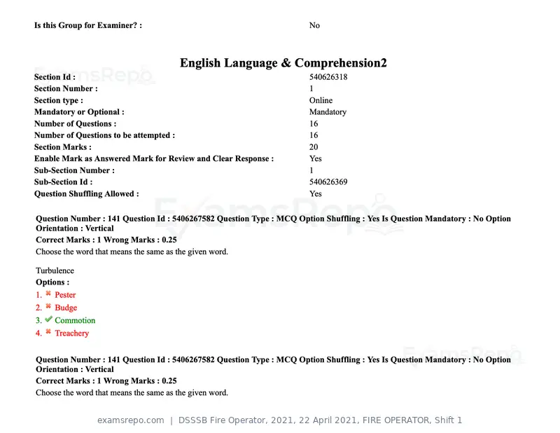 DSSSB Fire Operator 2021 question paper, 22 April 2021, FIRE OPERATOR, Shift 1, page 135 of 182