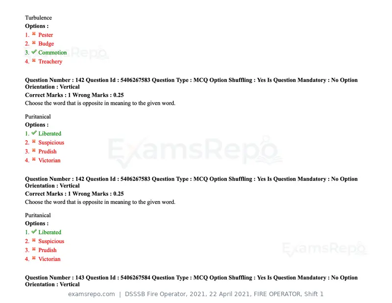 DSSSB Fire Operator 2021 question paper, 22 April 2021, FIRE OPERATOR, Shift 1, page 136 of 182