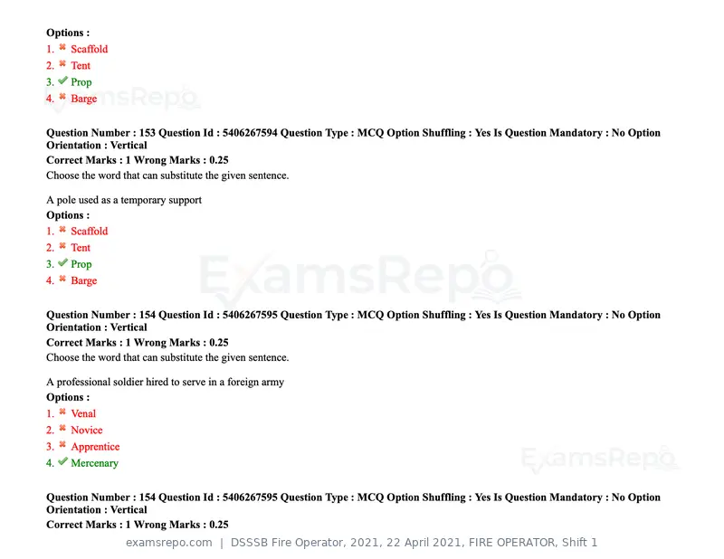 DSSSB Fire Operator 2021 question paper, 22 April 2021, FIRE OPERATOR, Shift 1, page 144 of 182