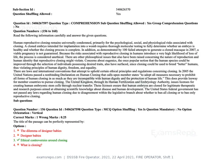 DSSSB Fire Operator 2021 question paper, 22 April 2021, FIRE OPERATOR, Shift 1, page 146 of 182