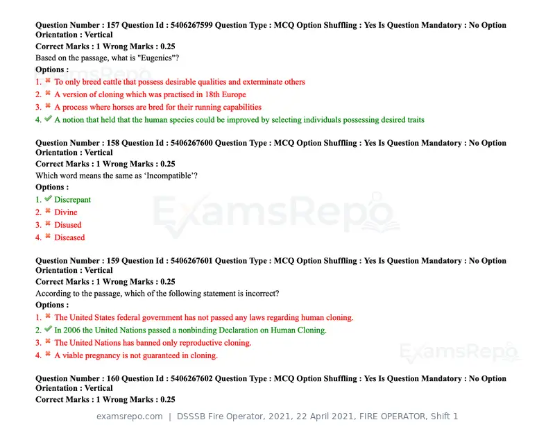 DSSSB Fire Operator 2021 question paper, 22 April 2021, FIRE OPERATOR, Shift 1, page 147 of 182