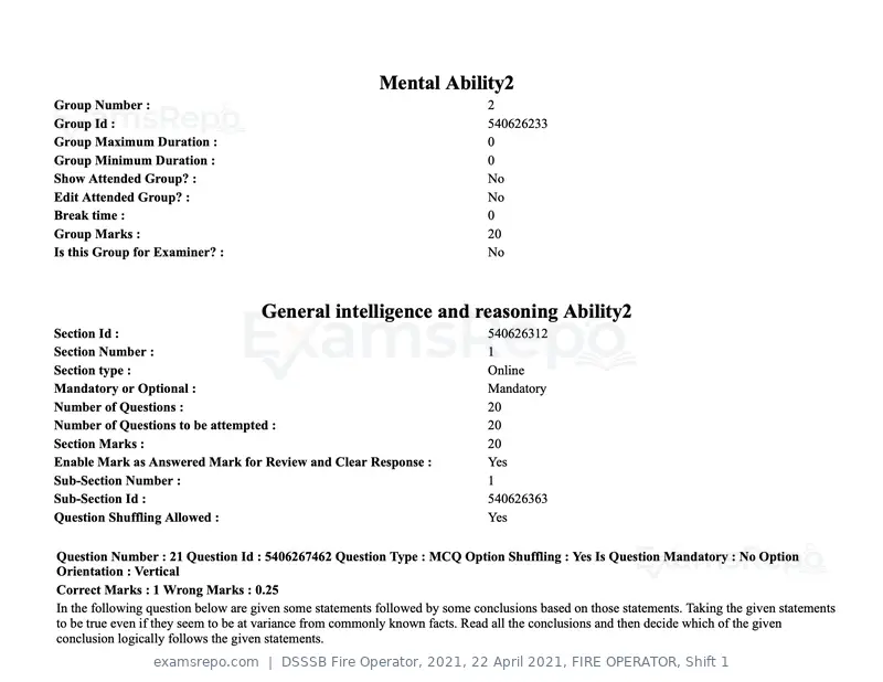 DSSSB Fire Operator 2021 question paper, 22 April 2021, FIRE OPERATOR, Shift 1, page 18 of 182