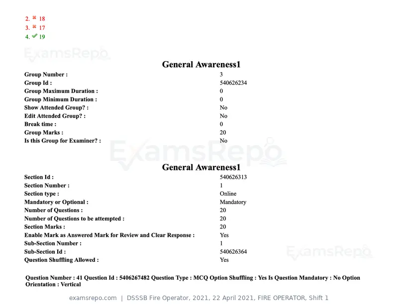 DSSSB Fire Operator 2021 question paper, 22 April 2021, FIRE OPERATOR, Shift 1, page 45 of 182