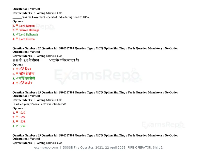 DSSSB Fire Operator 2021 question paper, 22 April 2021, FIRE OPERATOR, Shift 1, page 62 of 182