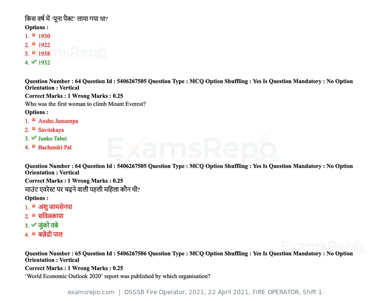DSSSB Fire Operator 2021 question paper, 22 April 2021, FIRE OPERATOR, Shift 1, page 63 of 182