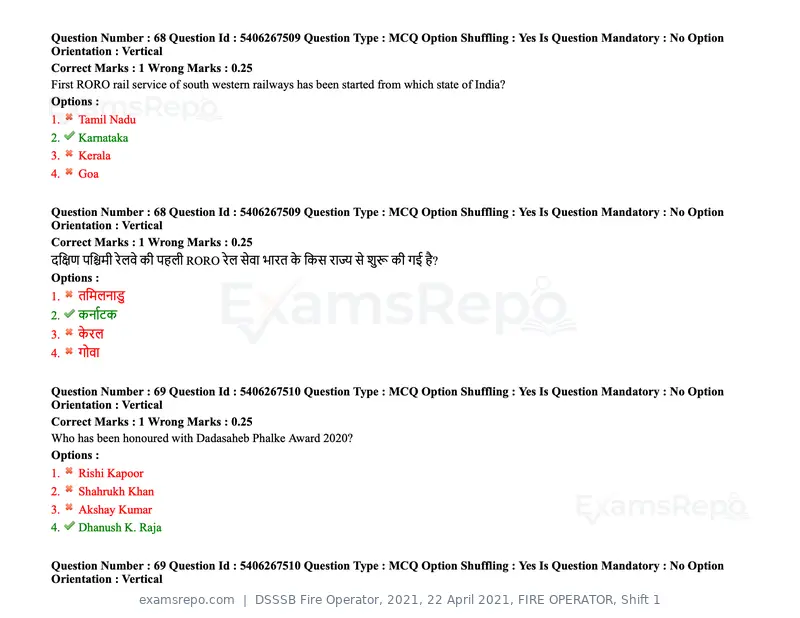 DSSSB Fire Operator 2021 question paper, 22 April 2021, FIRE OPERATOR, Shift 1, page 66 of 182