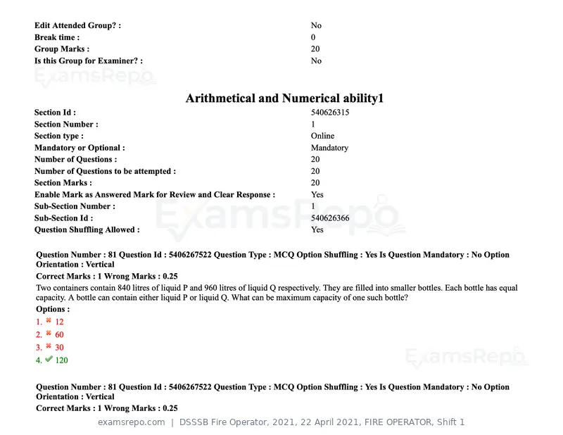 DSSSB Fire Operator 2021 question paper, 22 April 2021, FIRE OPERATOR, Shift 1, page 81 of 182