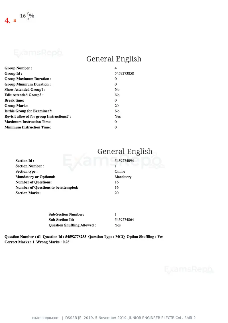 DSSSB JE 2019 question paper, 5 November 2019, JUNIOR ENGINEER ELECTRICAL, Shift 2, page 61 of 180